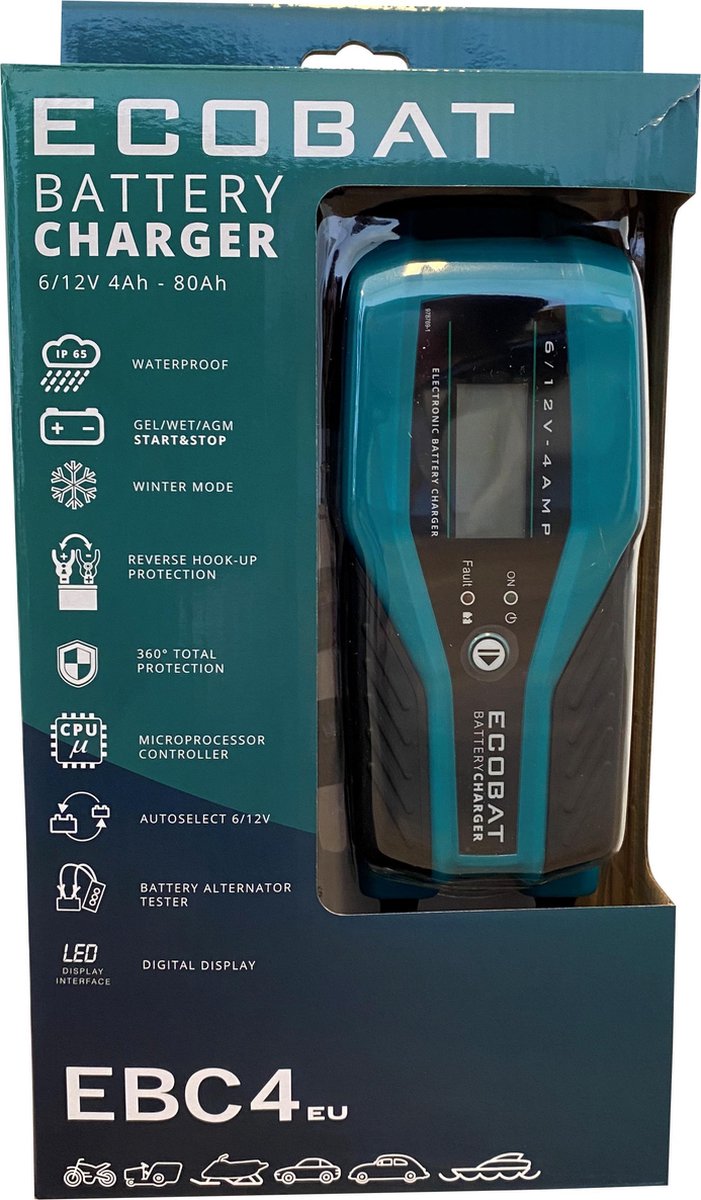 Ecobat EBC4 |Professionele Automatische acculader 6/12V 4 AMP| onderhoudslader | waterbestendig | Acculader voor auto | motor | boot | Eenvoudig in gebruik | voor alle accu soorten