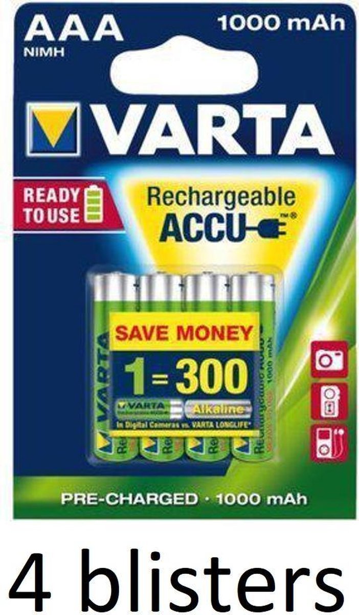 16 stuks(4 blisters a 4 st) Varta AAA Oplaadbare Batterijen - 1000mAh