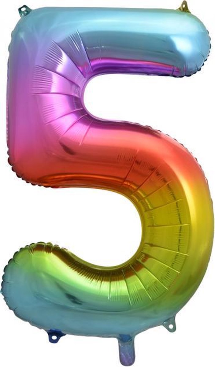 Folie ballon cijfer 5 is 86 cm groot regenboog kleuren
