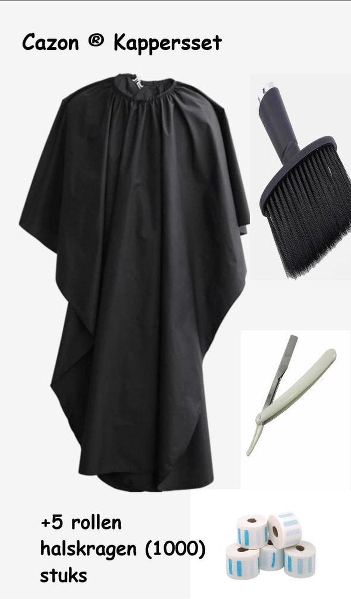 Cazon ® Kapper set - + 1000 Halskragen +GRATIS Nekkwast - kappersmantel - Nekborstel - Geschikt Voor Haren - Klassiek Scheermes - Barbier Mes - Scheren