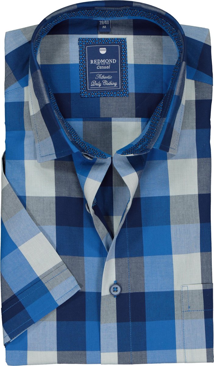 Redmond heren overhemd Regular Fit - korte mouw - blauw geruit (contrast) - Strijkvriendelijk - Boordmaat: 47/48