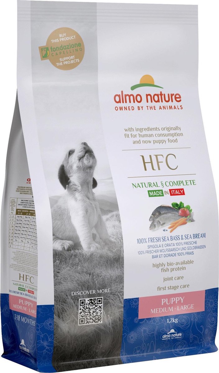 Almo Nature - Hond HFC Puppy brokken voor middelgrote tot grote honden - zeebaars en zeebrasem of kip - 8kg