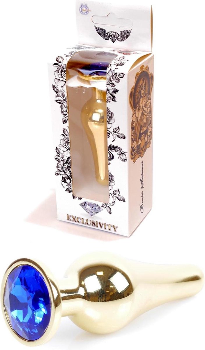 Bossoftoys - Gold Butt Plug - Anal Plug With Dark Blue Stone - Length 9