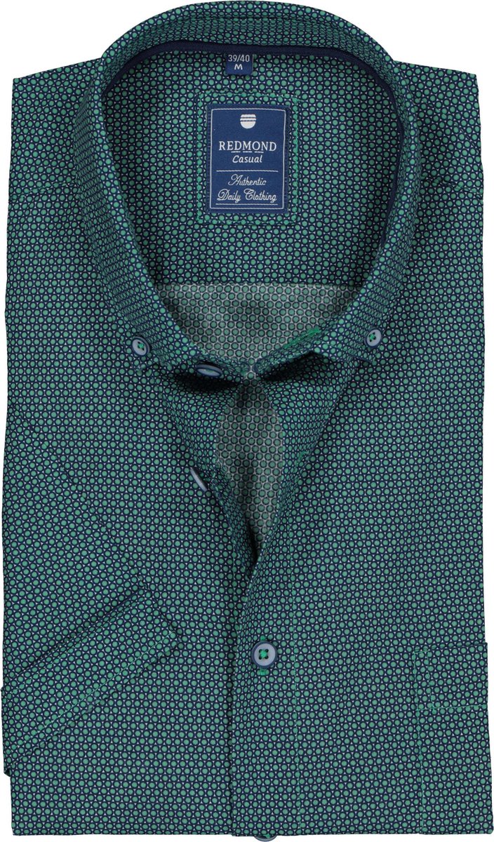 Redmond heren overhemd Regular Fit - korte mouw - groen met blauw dessin - Strijkvriendelijk - Boordmaat: 39/40