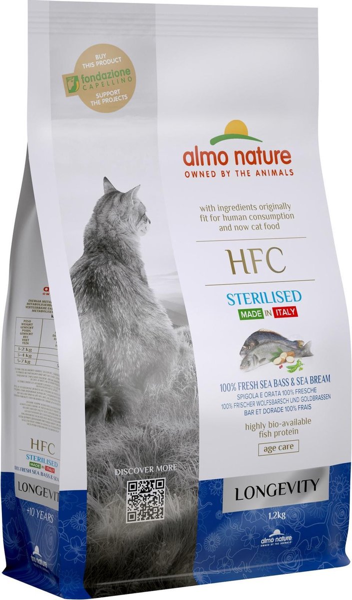 Almo Nature - Kat HFC Longevity Sterilized brokken voor oudere gecastreerde / gesteriliseerde katten - zeebaars en zeebrasem of varkensvlees - 1