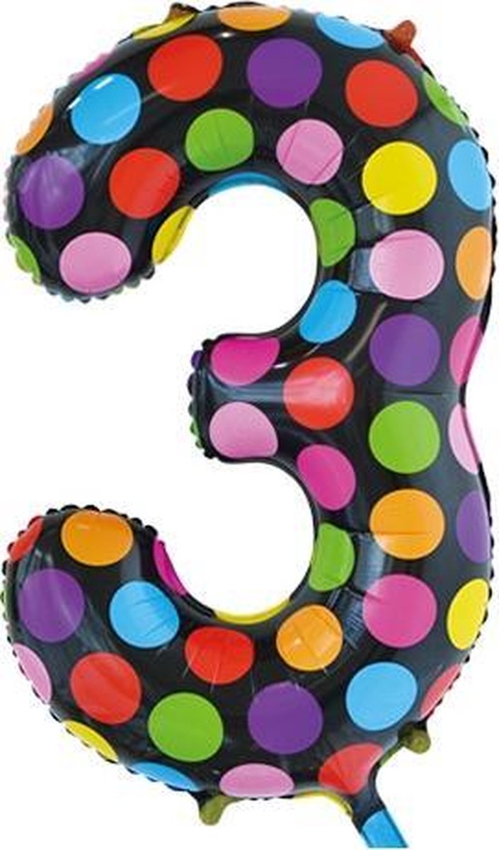 Folie ballon cijfer 3 in het zwart met gekleurde stippen 86 cm