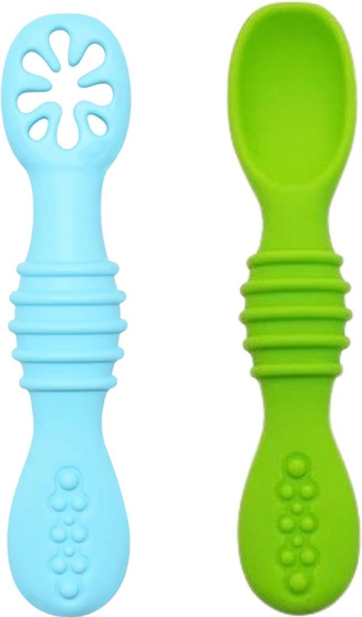 Siliconen Babylepels - Bijtring - Kinderbestek -Blauw/Groen