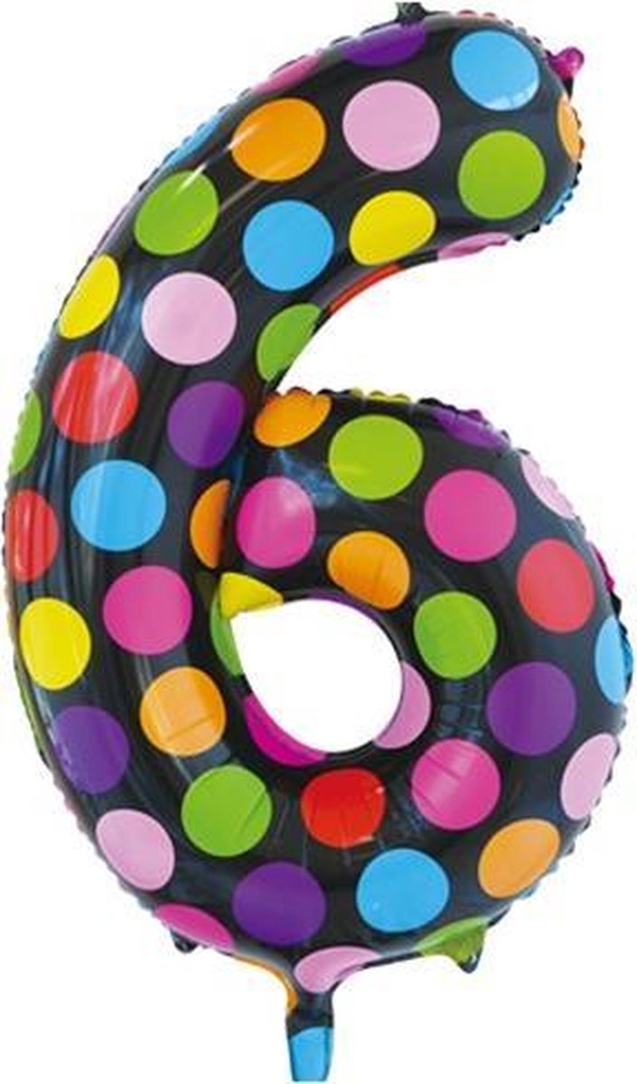 Folie ballon cijfer 6 in het zwart met gekleurde stippen 86 cm