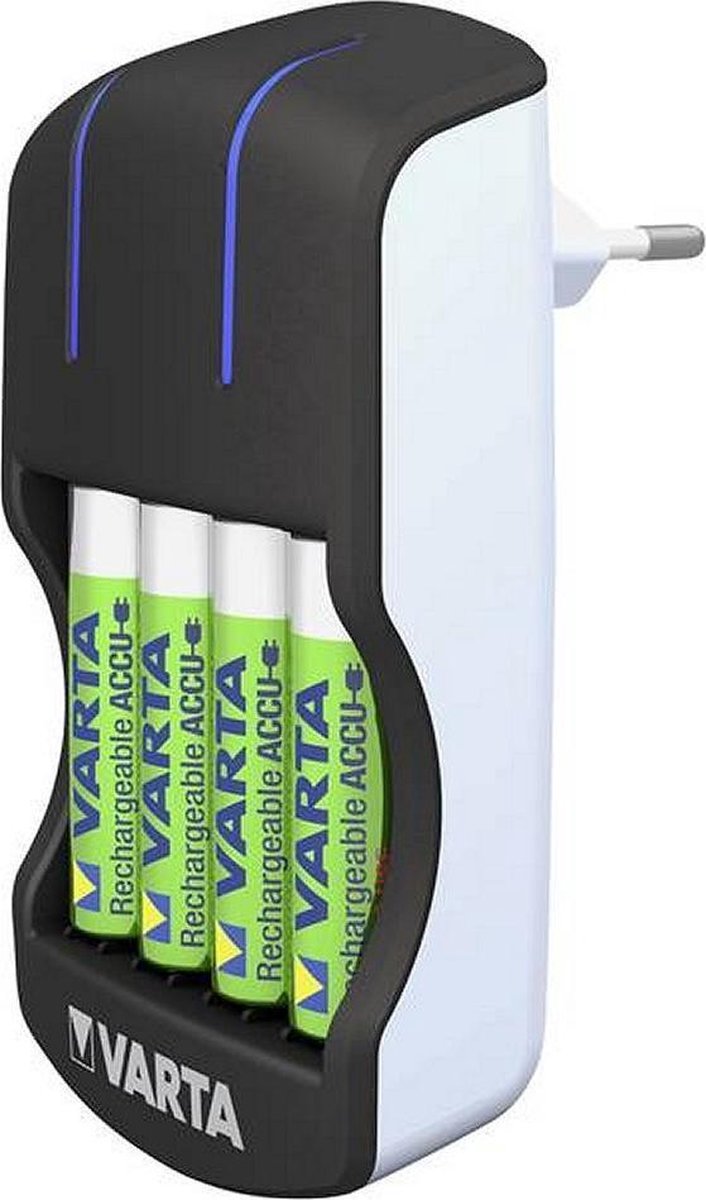 Varta Plug Batterij-Oplader met LED-Verlichting + 4 AA Batterijen Zwart