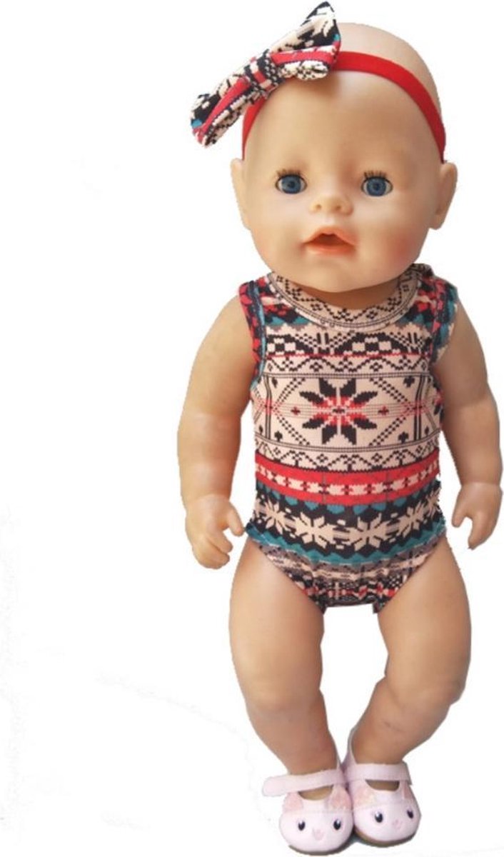 Badpak voor babypop - Geschikt voor Baby Born - Bohemian style badkleding - Zwemkleding met haarband - Rood & Beige