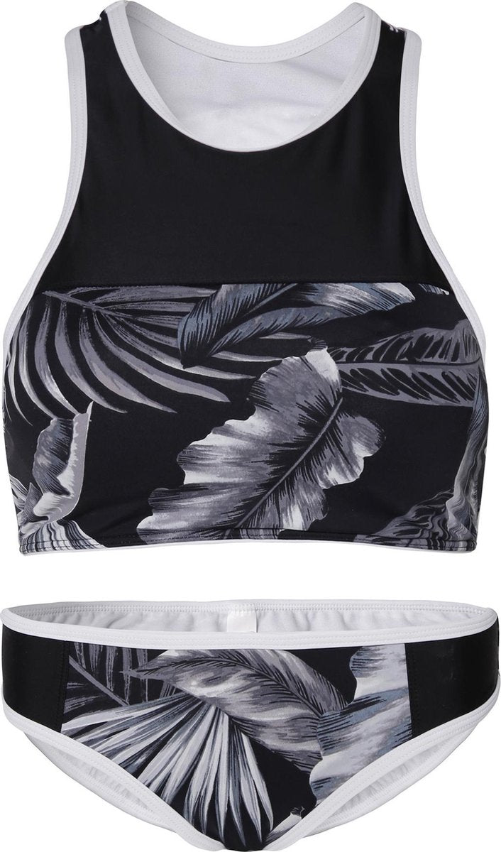 Jongedames bikini sport Retro- Zwart wit bladeren - M
