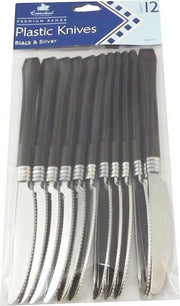 camping : 12x  ZILVER LOOK KUNSTSTOF BESTEK MET ZWARTE HANDMESSEN