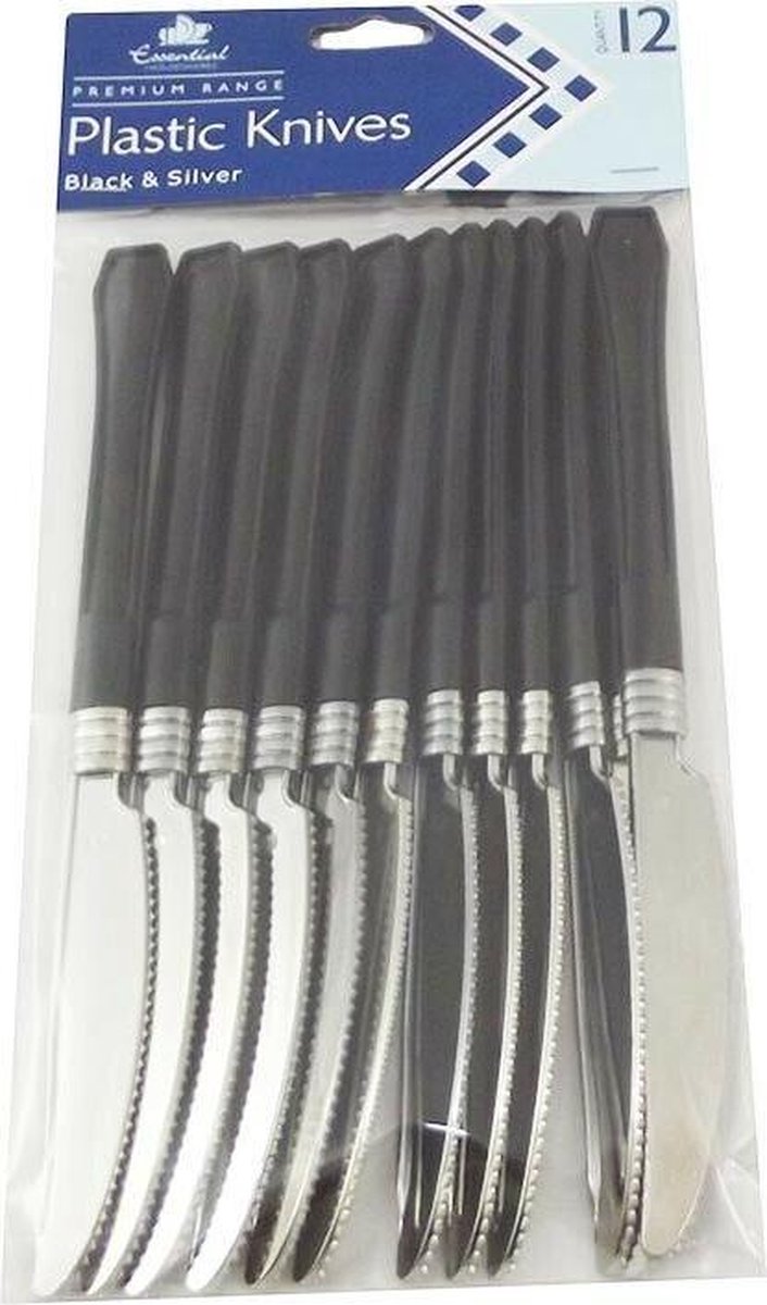 camping : 12x  ZILVER LOOK KUNSTSTOF BESTEK MET ZWARTE HANDMESSEN