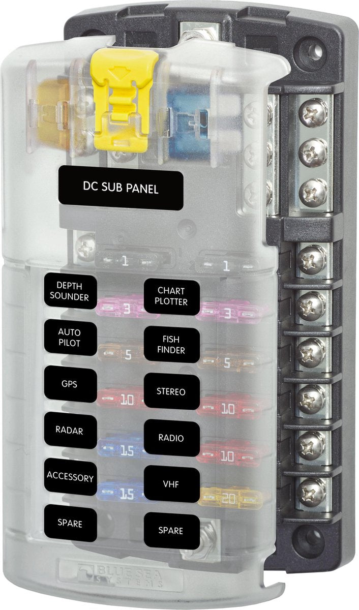 Zekeringhouder 12x auto zekering Blue Sea + cover met negatieve busbar