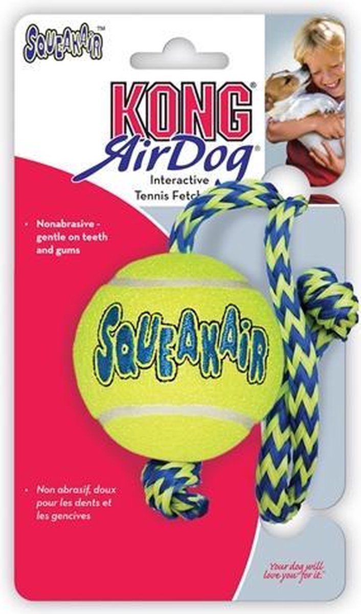 Kong air squeaker ball met touw geel/blauw - 52x6