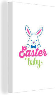 Canvas - Pasen quote Easter baby met blauw-roze haasje - 20x30 cm - Decoratie