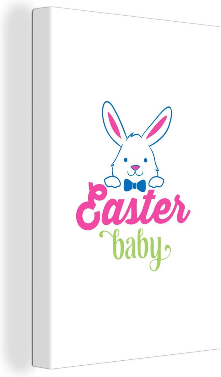 Canvas - Pasen quote Easter baby met blauw-roze haasje - 20x30 cm - Decoratie