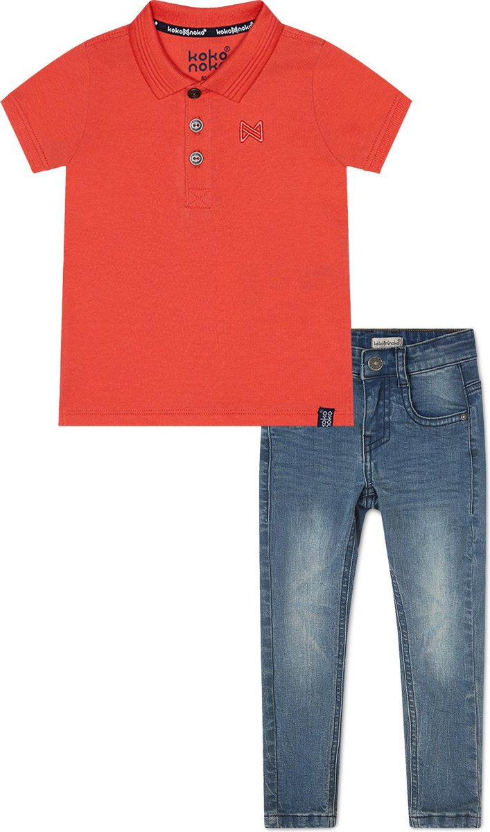 Koko Noko BIO Basics Set(2delig) Jeans NOX en Polo Neon coral - Maat 98/104