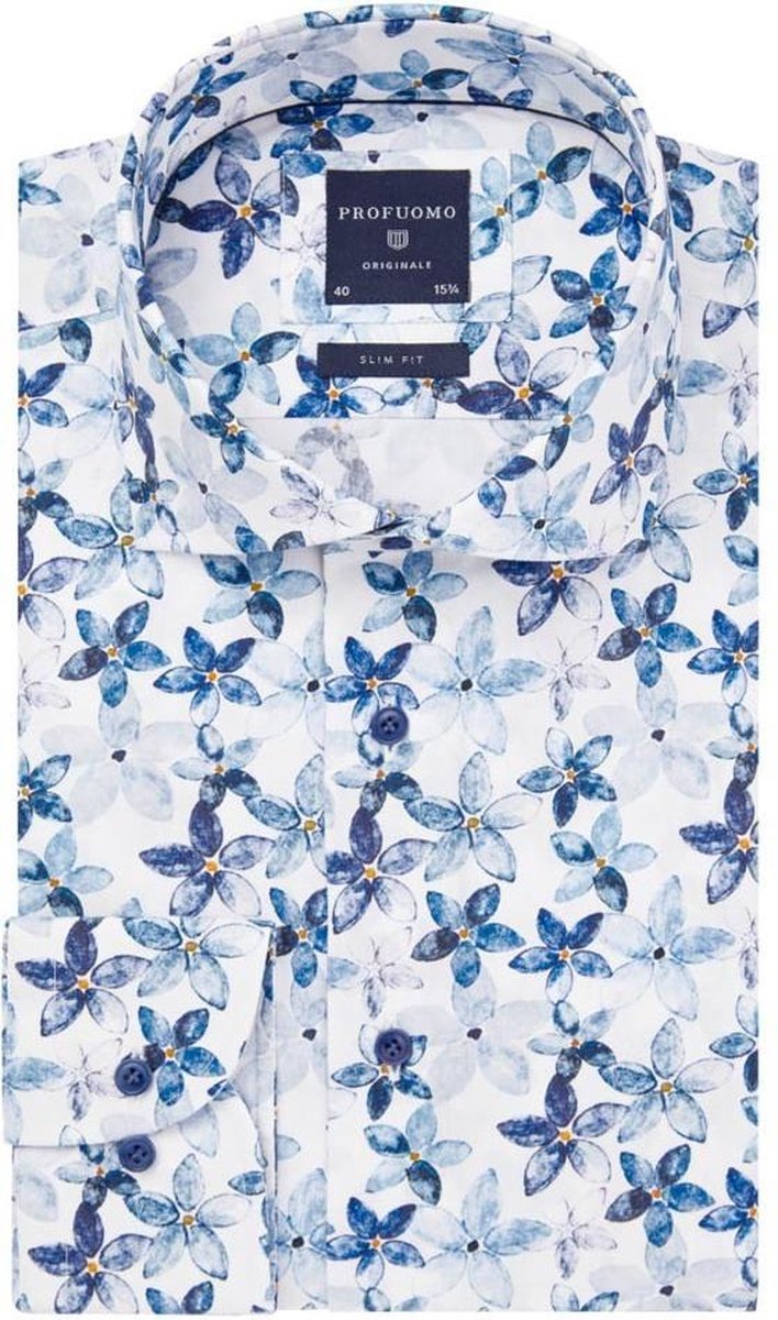 Profuomo Wit overhemd met blauwe bloem PPRH1A1094/P