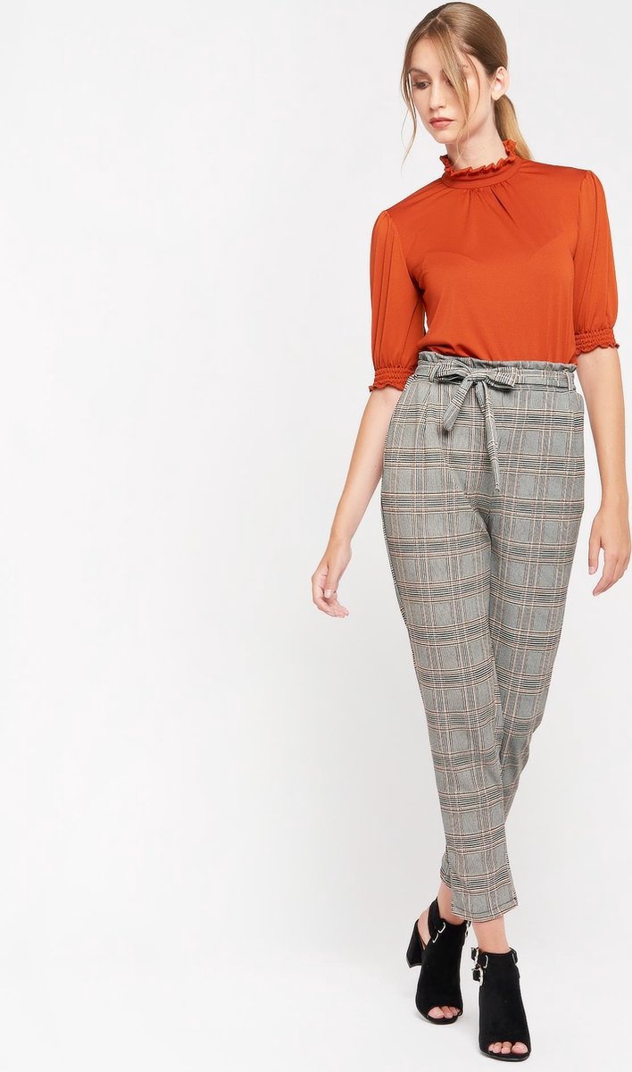 Broek met ruit en ceintuur met strik - Camel