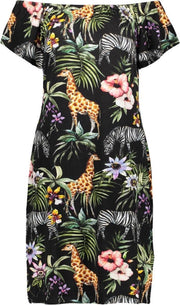 Dress Aop Elastic Neck Ss Multi Animal