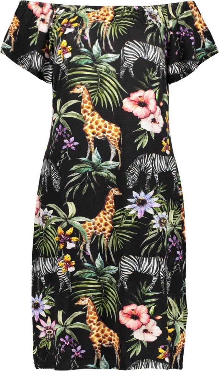 Dress Aop Elastic Neck Ss Multi Animal