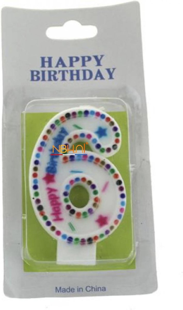 Taartkaars - cijfer 6 - Happy Birthday - Verjaardag kaars