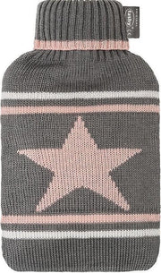 Grijze/roze/witte kruik met ster 2 liter - Gebreide hoes - Warmwaterkruik met pluche hoes/kruikenzak