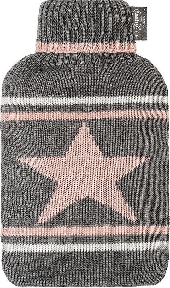Grijze/roze/witte kruik met ster 2 liter - Gebreide hoes - Warmwaterkruik met pluche hoes/kruikenzak
