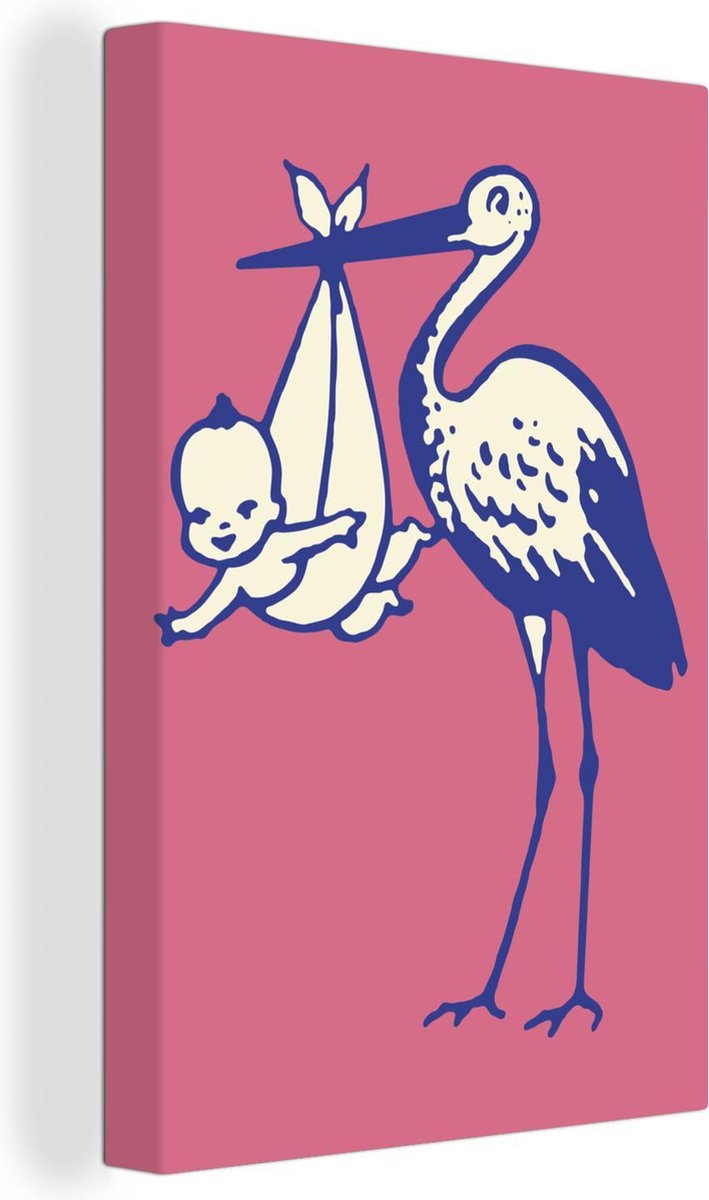 Canvas Schilderijen - Kinderillustratie van een ooievaar met een baby op een roze achtergrond - 120x180 cm - Wanddecoratie XXL /