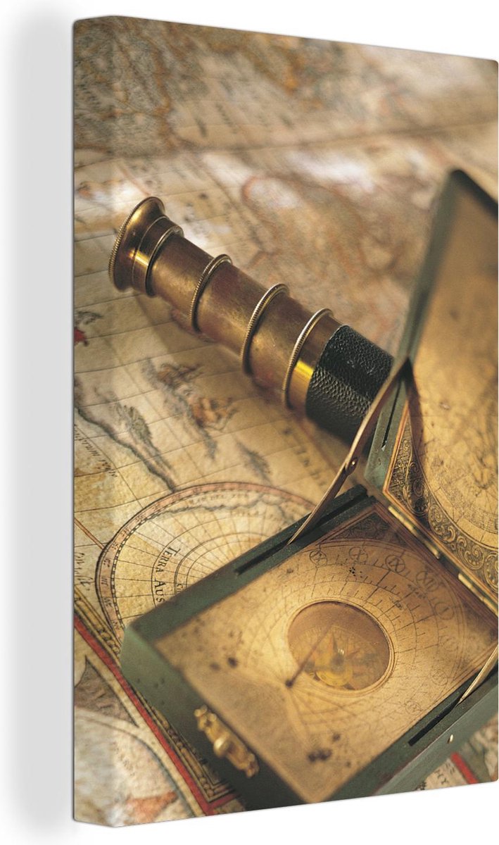 Wereldkaarten - Vintage kompas en telescoop op wereldkaart - 60x90 cm - Canvas