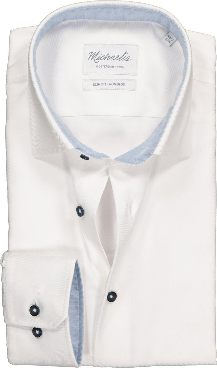 Michaelis Slim Fit overhemd - wit twill (contrast) - Strijkvrij - Boordmaat: 44