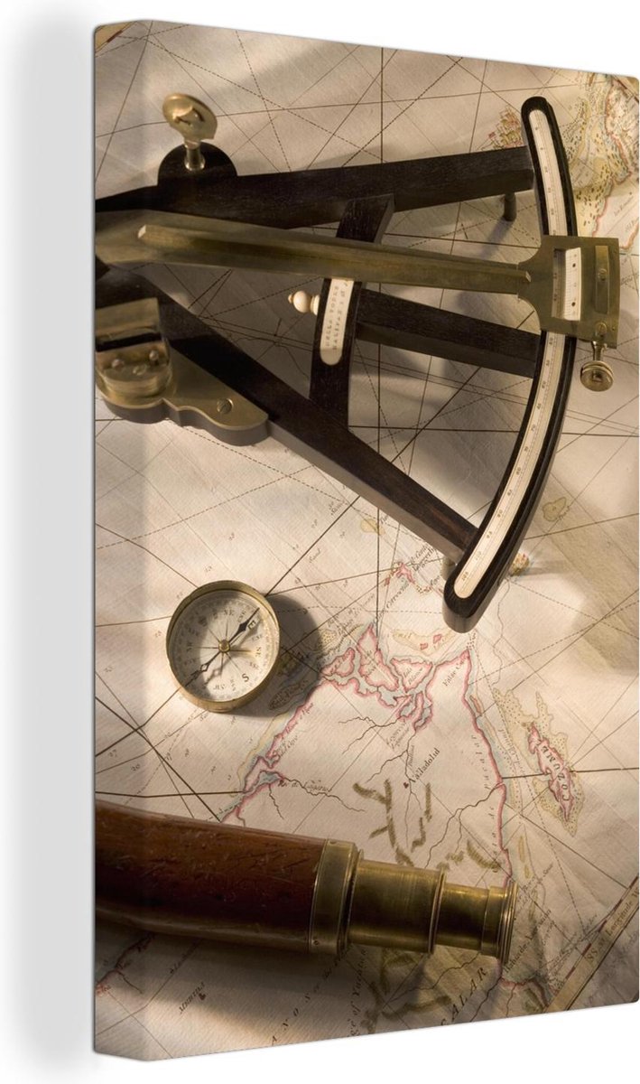 Canvas Oude navigatiematerialen op wereldkaart - 80x120 cm - Wanddecoratie