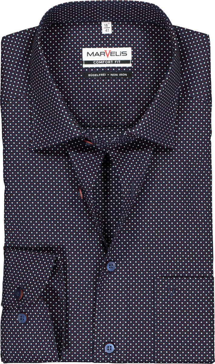 MARVELIS Comfort Fit overhemd - blauw met rood en wit gestipt - Strijkvrij - Boordmaat: 50