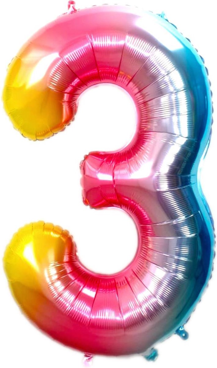 Folie Ballon Cijfer 3 Jaar Regenboog 86Cm Verjaardag Folieballon Met Rietje