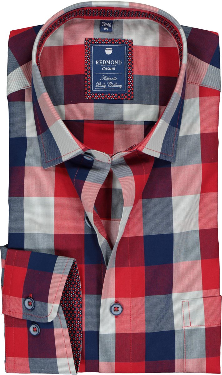 Redmond heren overhemd Regular Fit - rood met blauw geruit (contrast) - Strijkvriendelijk - Boordmaat: 43/44