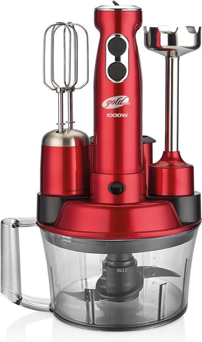 Goldmaster GM-7239 - 5-in-1 Hakmolen - Blender - Staafmixer - Snijmachine -  2-traps - 1000W - Rood
