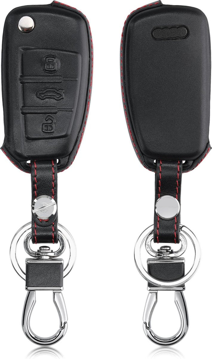 kwmobile autosleutelhoes voor Audi 3-knops autosleutel - Hoesje voor autosleutel in zwart / rood - Leren hoes