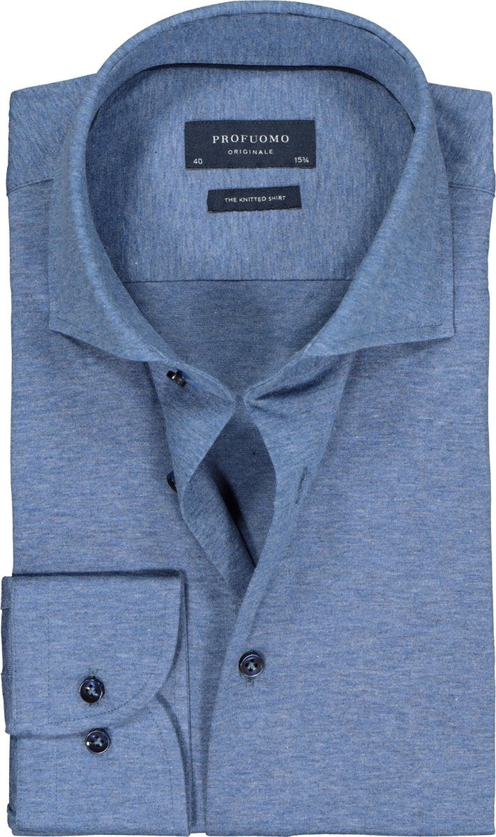 Profuomo Slim Fit jersey overhemd - blauw melange knitted shirt - Strijkvrij - Boordmaat: 40