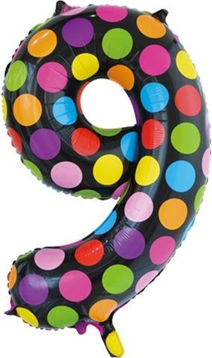 Folie ballon cijfer 9 in het zwart met gekleurde stippen 86 cm