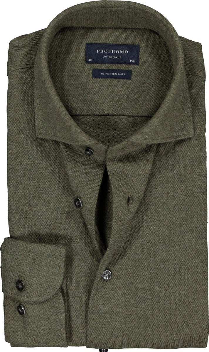 Profuomo Originale slim fit jersey overhemd - knitted shirt pique - army groen melange - Strijkvrij - Boordmaat: 40