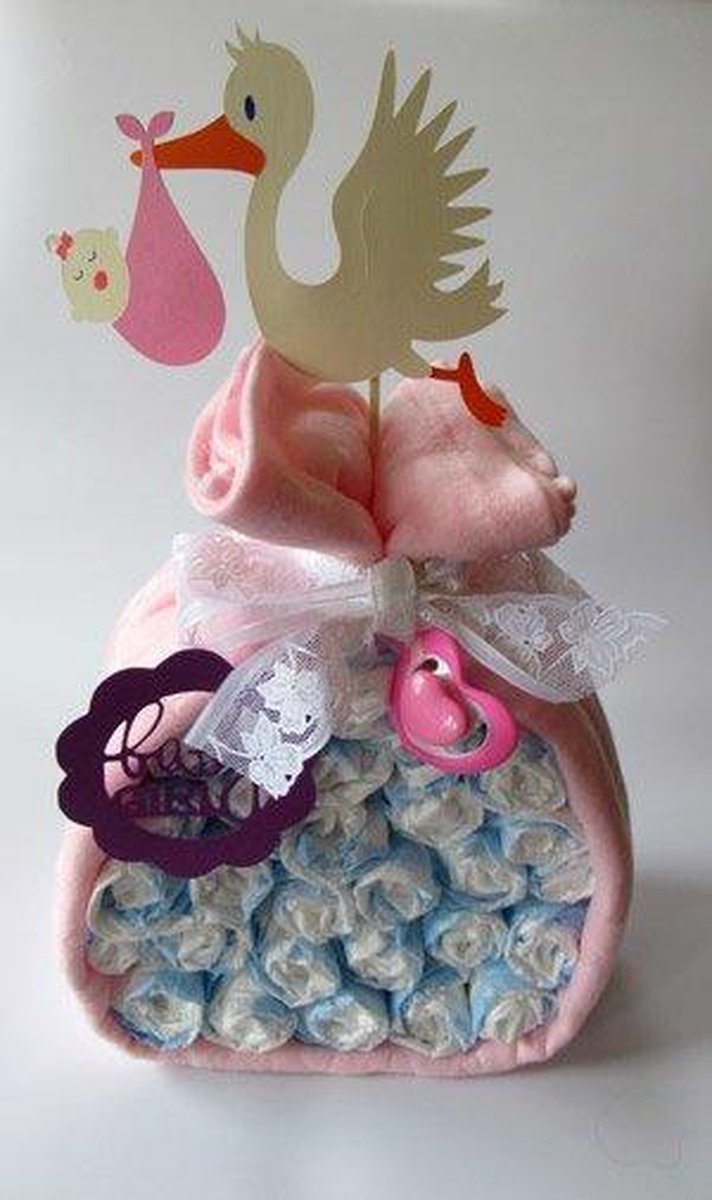 Luiertaart Ooievaar Roze | Kraamcadeau | Kraampakket | Baby Cadeau