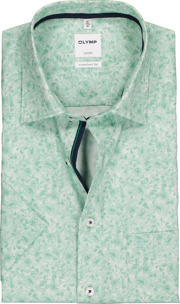 OLYMP Luxor comfort fit overhemd - korte mouw - groen met wit dessin (contrast) - Strijkvrij - Boordmaat: 48