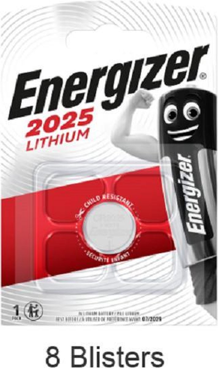8 stuks (8 blisters a 1 stuk) Energizer CR2025 Lithium knoopcel 3V