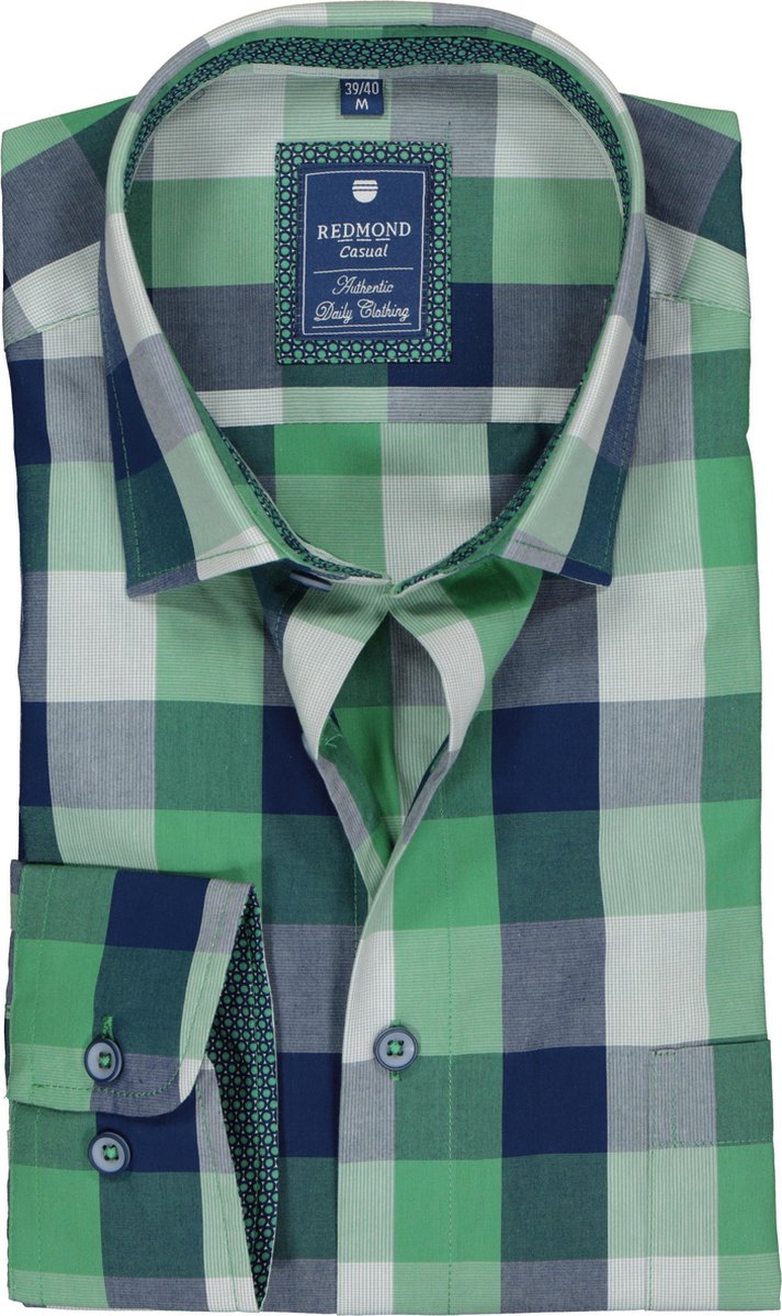 Redmond heren overhemd Regular Fit - groen met blauw geruit (contrast) - Strijkvriendelijk - Boordmaat: 49/50