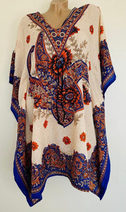 Dames kaftan/tuniek met bloemenprint one size 36-48 beige/blauw/oranje