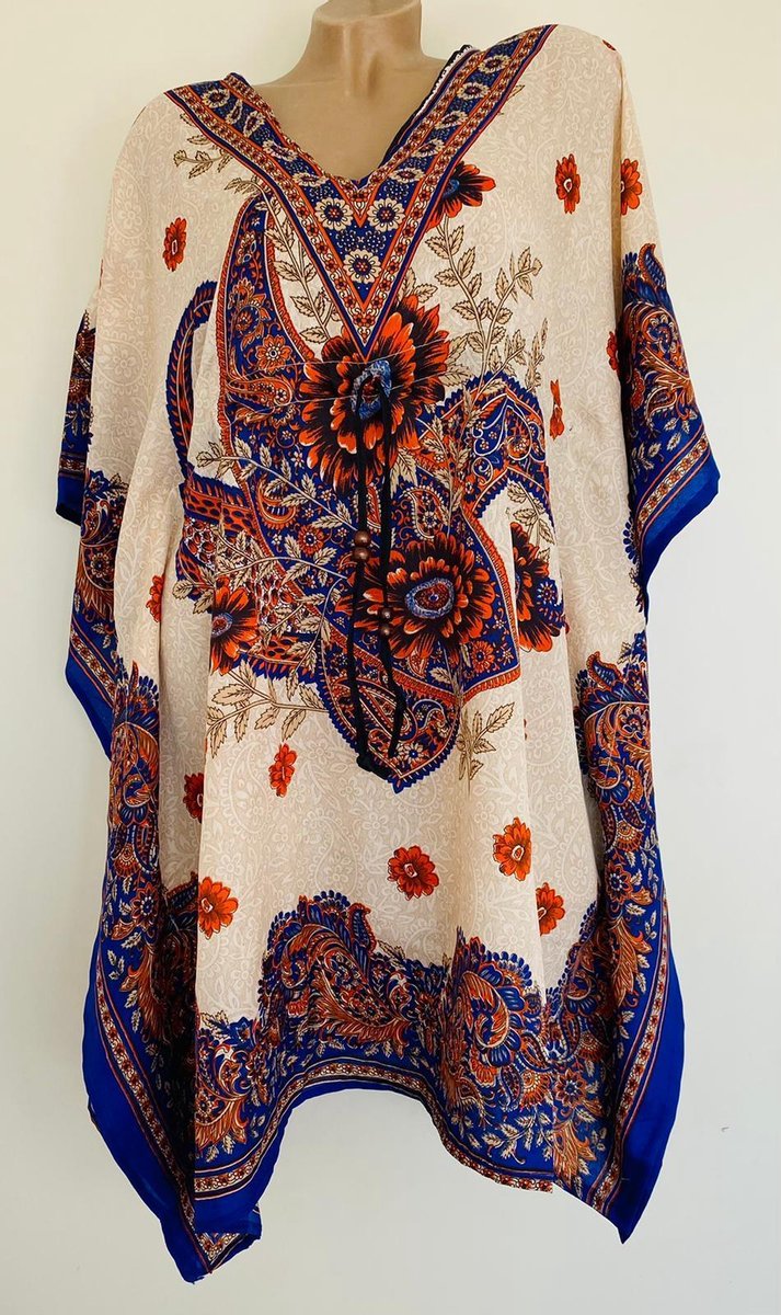 Dames kaftan/tuniek met bloemenprint one size 36-48 beige/blauw/oranje
