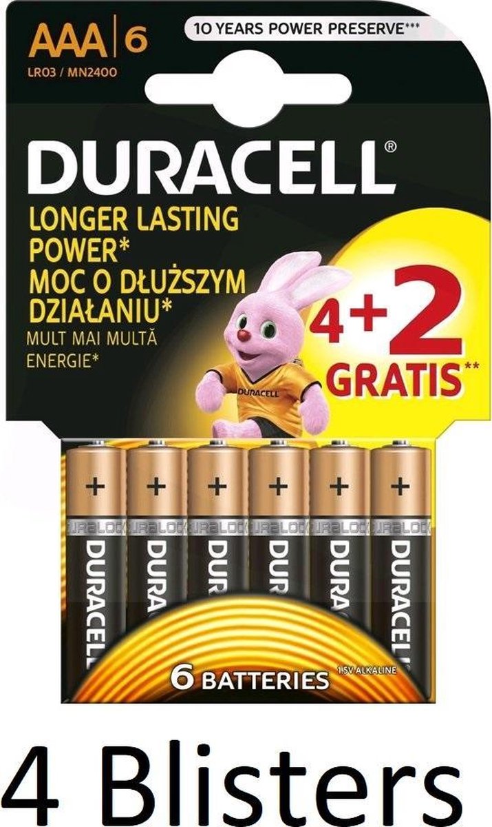 24 Stuks (4 Blisters a 6 st) Duracell Batterijen AAA