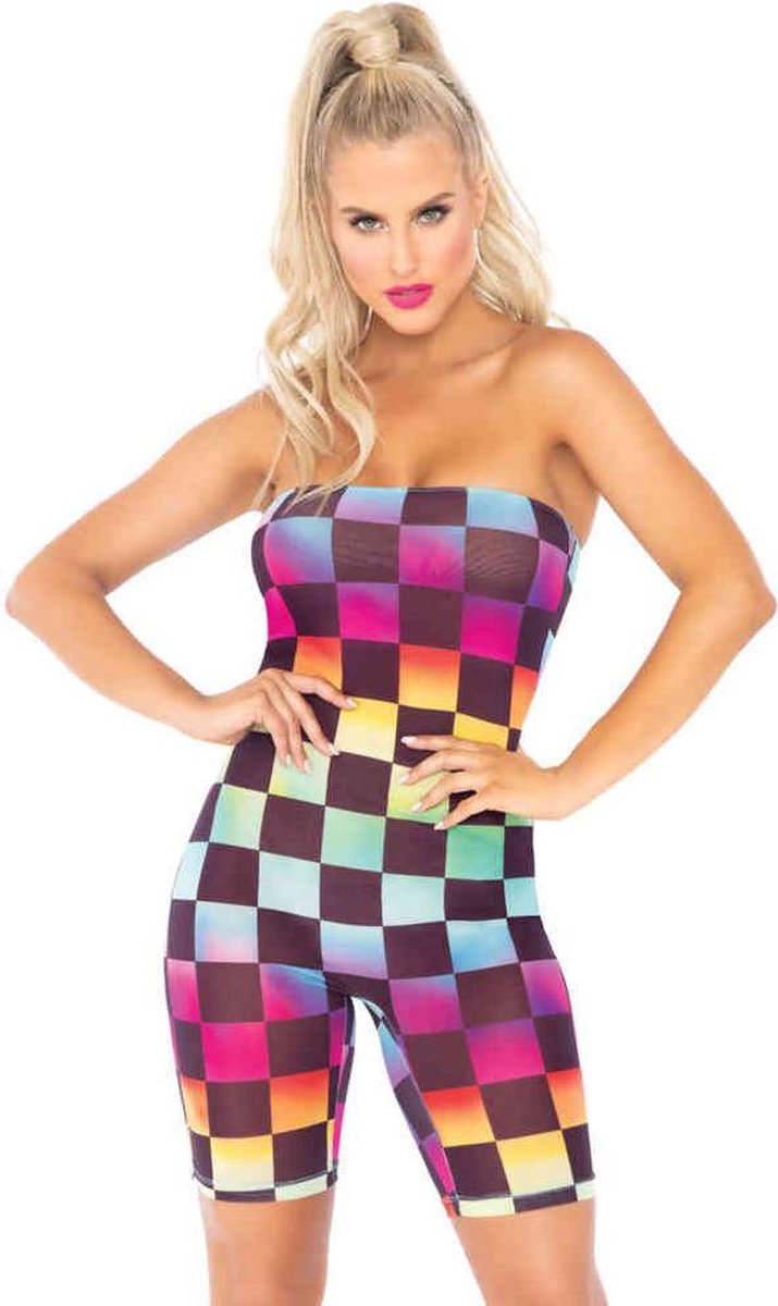 Leg Avenue Jumpsuit -M/L- Rainbow Checkerboard Regenboog