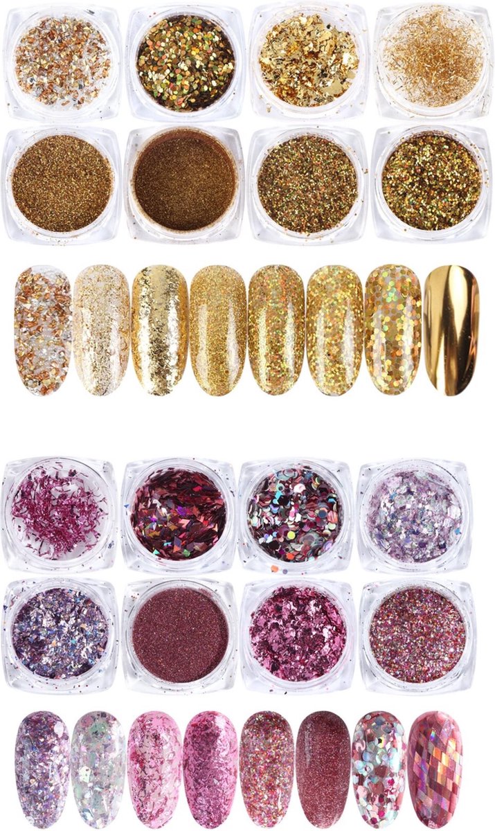 GUAPÀ - Nagel Glitter Poeder Nail Art Set Goud / Zilver / Rosé - 16 stuks